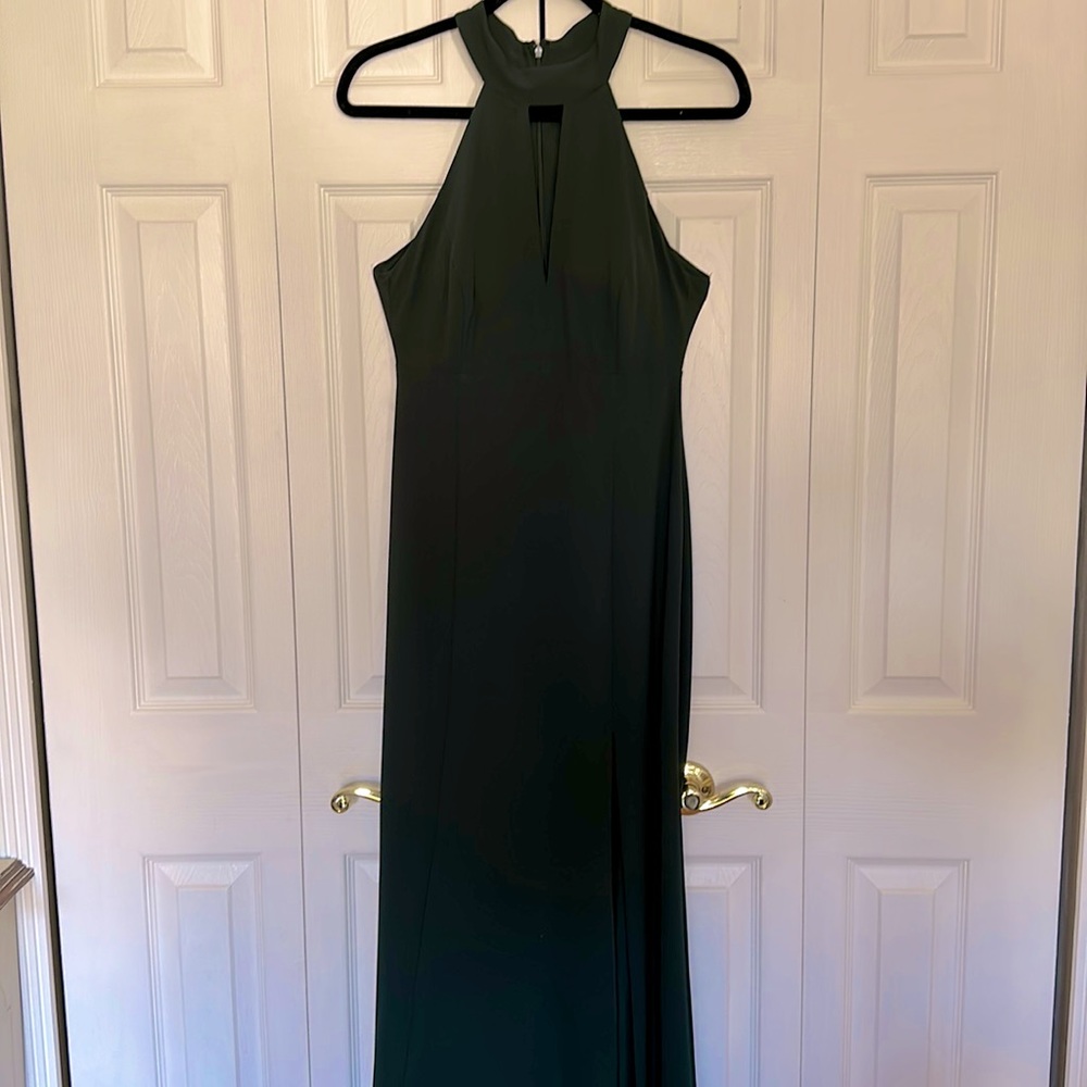 Long Forest Green Amsale Dress with Key Hole Front